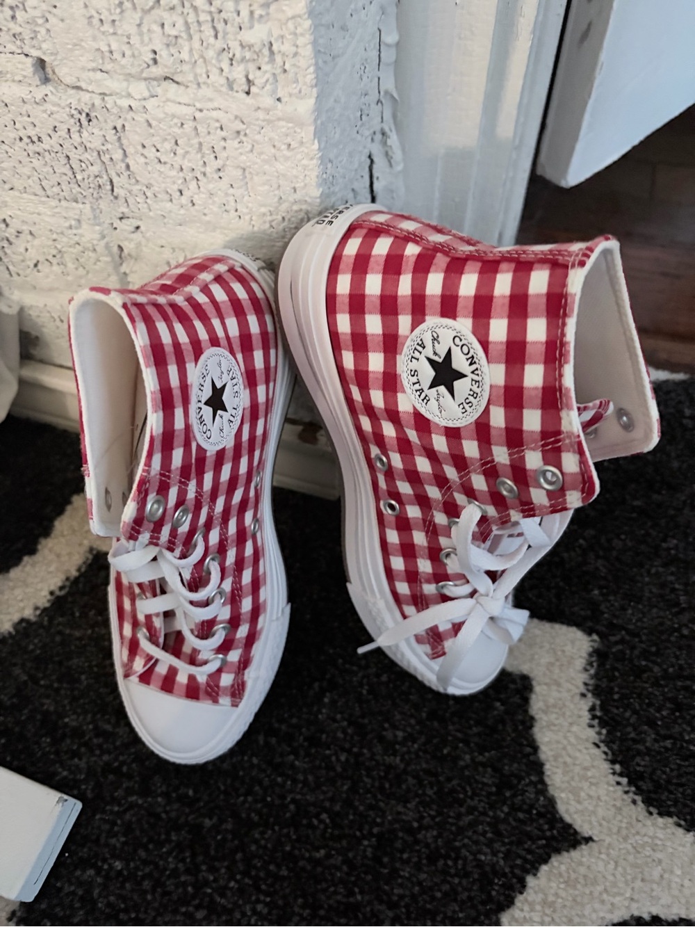 Converse Red and White Gingham High Top Platform Sneakers